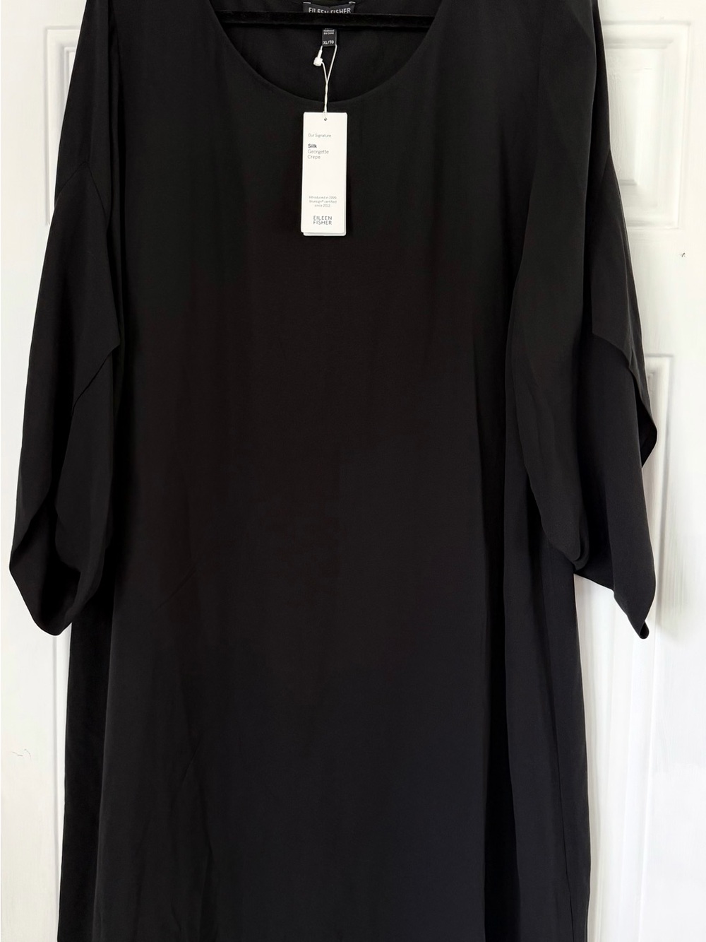 NWT Eileen Fisher Black Silk Georgette Crepe Ballet Neck Shift Dress XL $378